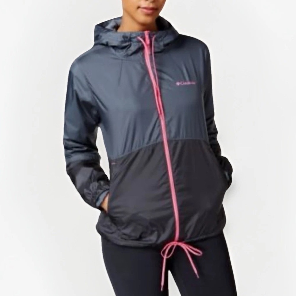 Columbia Jacket Women Gray Hooded Flash Forward Fleece Lined Windbreaker Golf S